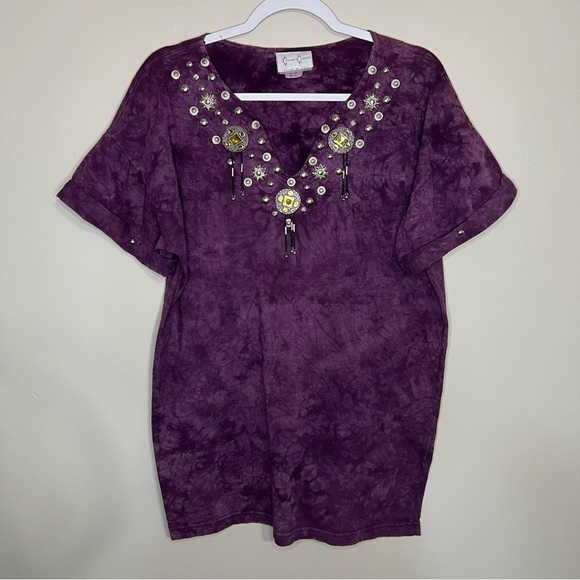 Vintage Cover Charge Purple Tie Dye Embellished V-neck T-shirt One Size Fits All - Picture 1 of 9